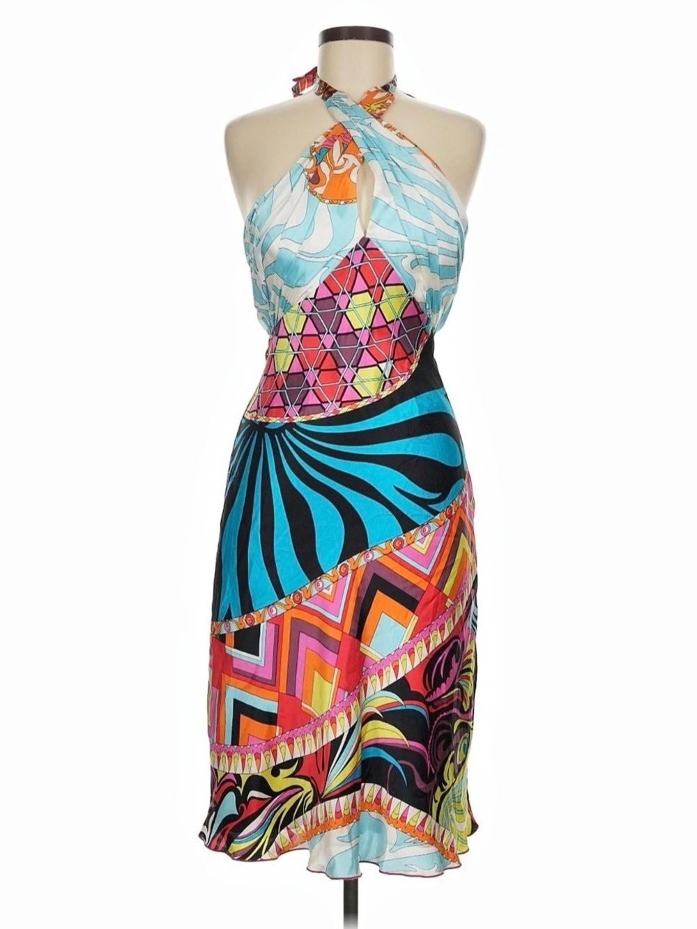 Mary L Couture Halter Print Dress in Blue & Pink